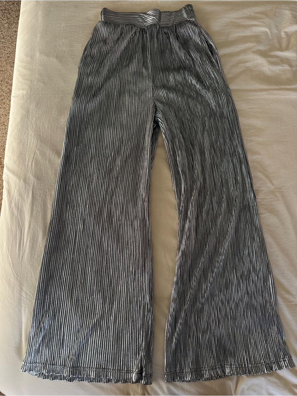 miami Metallic Silver Pleated Wide-Leg Pants